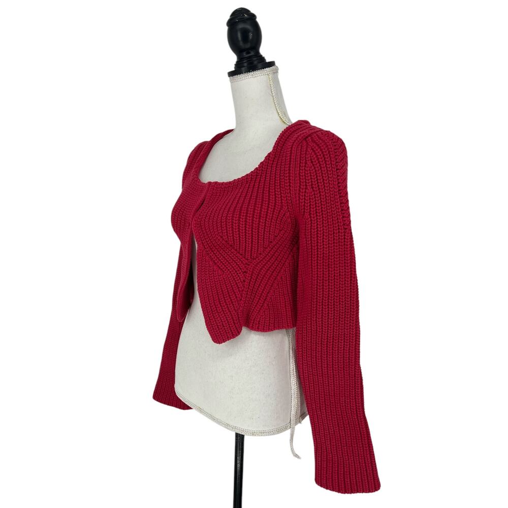 Recto Red Knit Chunky Scoop-Neck Crop Cardigan - Picture 6 of 14